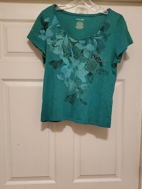 St. John's Bay Teal Green Floral Scoop-Neck Short Sleeve Top